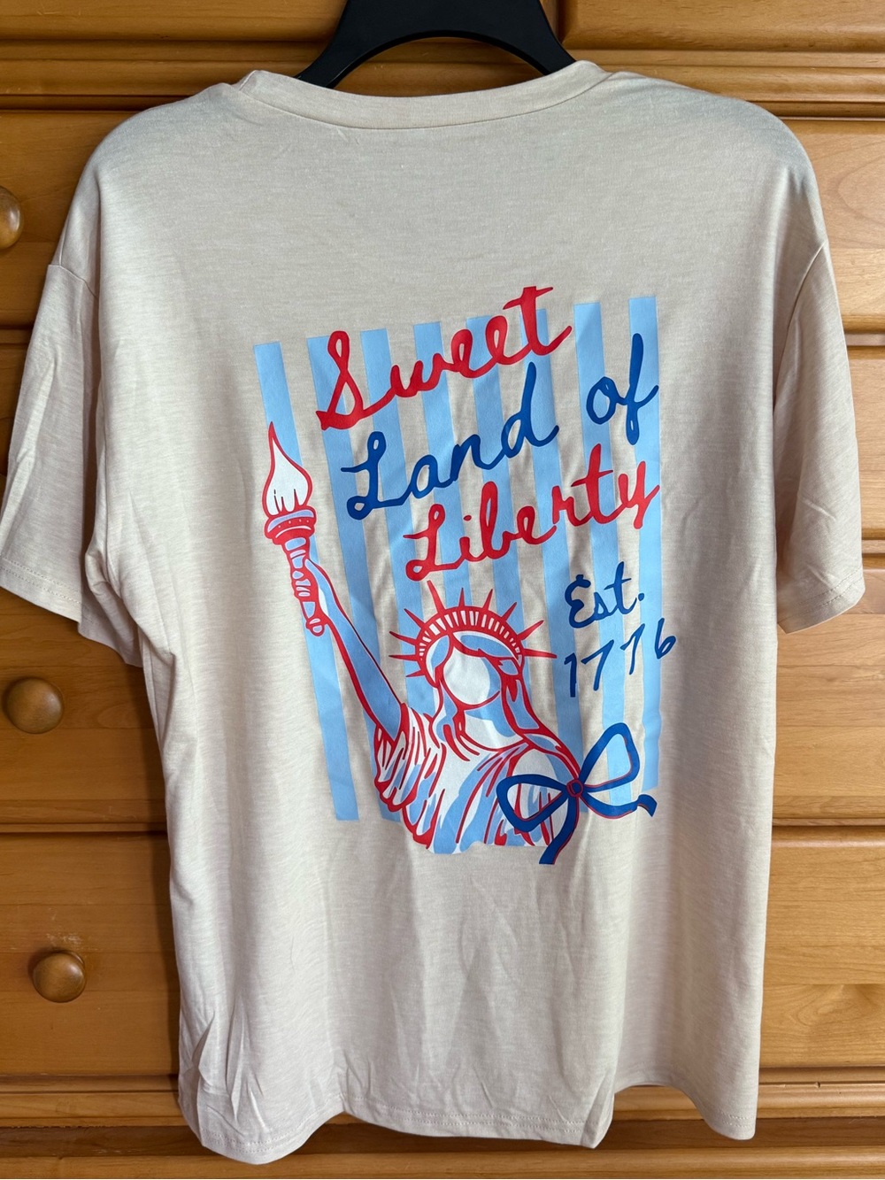 NEW “Sweet Land of Liberty” Graphic Tee - Cream with Red & Blue Print - Large